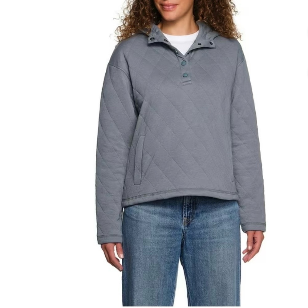 Lands' End Women's Cozy Soft Quilted 5 Snap Pullover Hoodie Kangaroo Pocket 😍